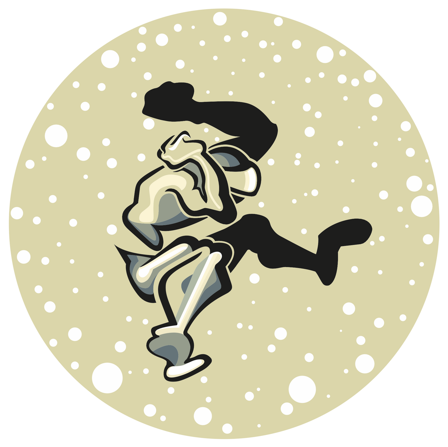 Abner Harris - Angry Ape - A circular vinyl sticker featuring a dynamic, stylized ape in an aggressive action pose. The figure is rendered with bold, sweeping outlines and high-contrast shadows against a speckled, starlit beige background. This high-quality collectible decal captures a sense of raw energy in a modern noir aesthetic.
