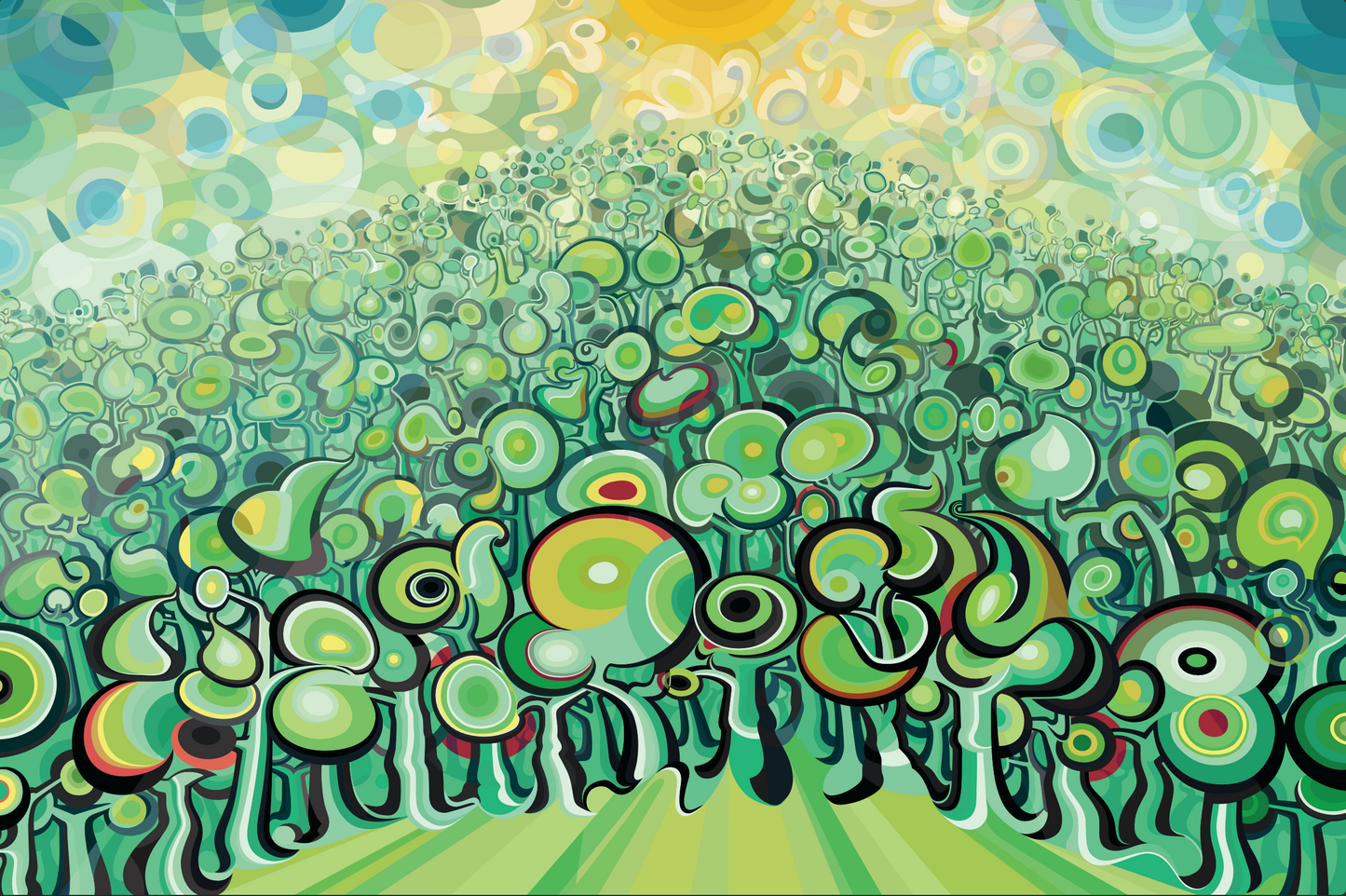 Abner Harris - Big Hill - Verbatim reference to Screenshot 2026-04-29 at 1.18.24.jpg: Expansive landscape of a hill covered in dense, vibrant green biomorphic plant life and circular patterns under a geometric sunburst sky. Premium designer wallpaper.