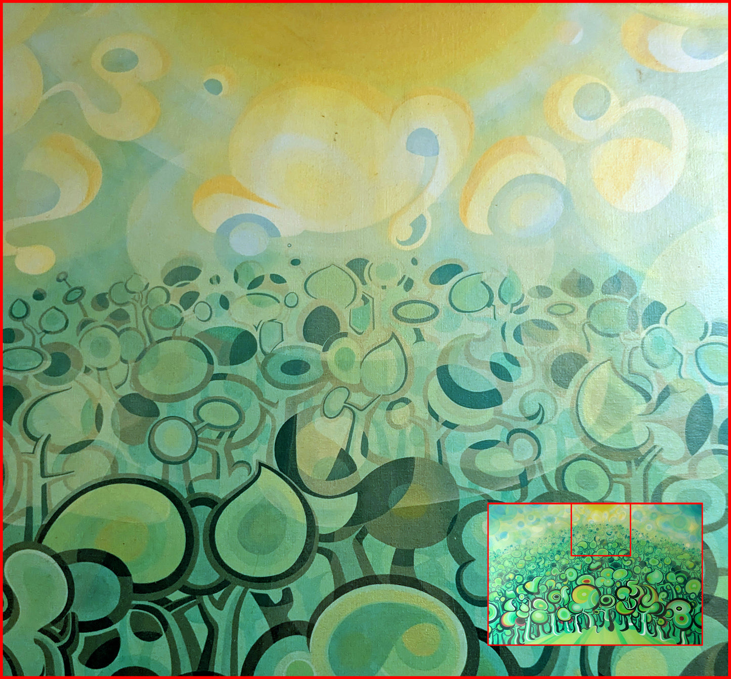 A close-up of the top-center portion of the painting. A brilliant yellow sun radiates light across the top of the forest canopy. The sky is a complex tapestry of translucent, overlapping circles and paisley-like cloud shapes in shades of cream, yellow, and light blue, emphasizing the linen's natural grain.