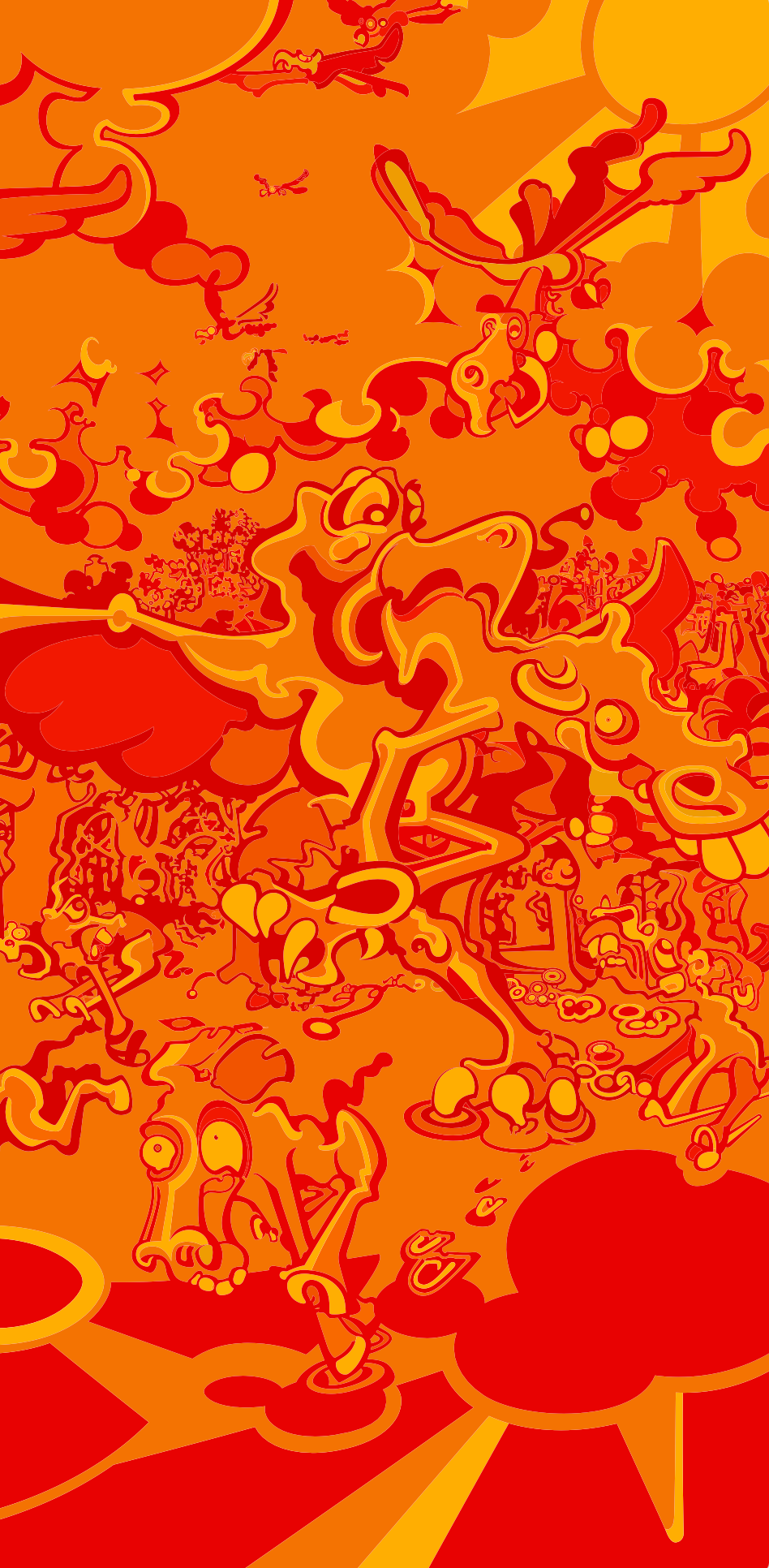 Abner Harris - Bird Eats Horse - A high-intensity, surrealist illustration featuring a massive, predatory avian figure towering over a horse-like creature. The scene is rendered in a vibrant, monochromatic "heat-map" palette of fire orange, crimson, and golden yellow. Available as a textured Giclée canvas print or a bold vinyl decal.