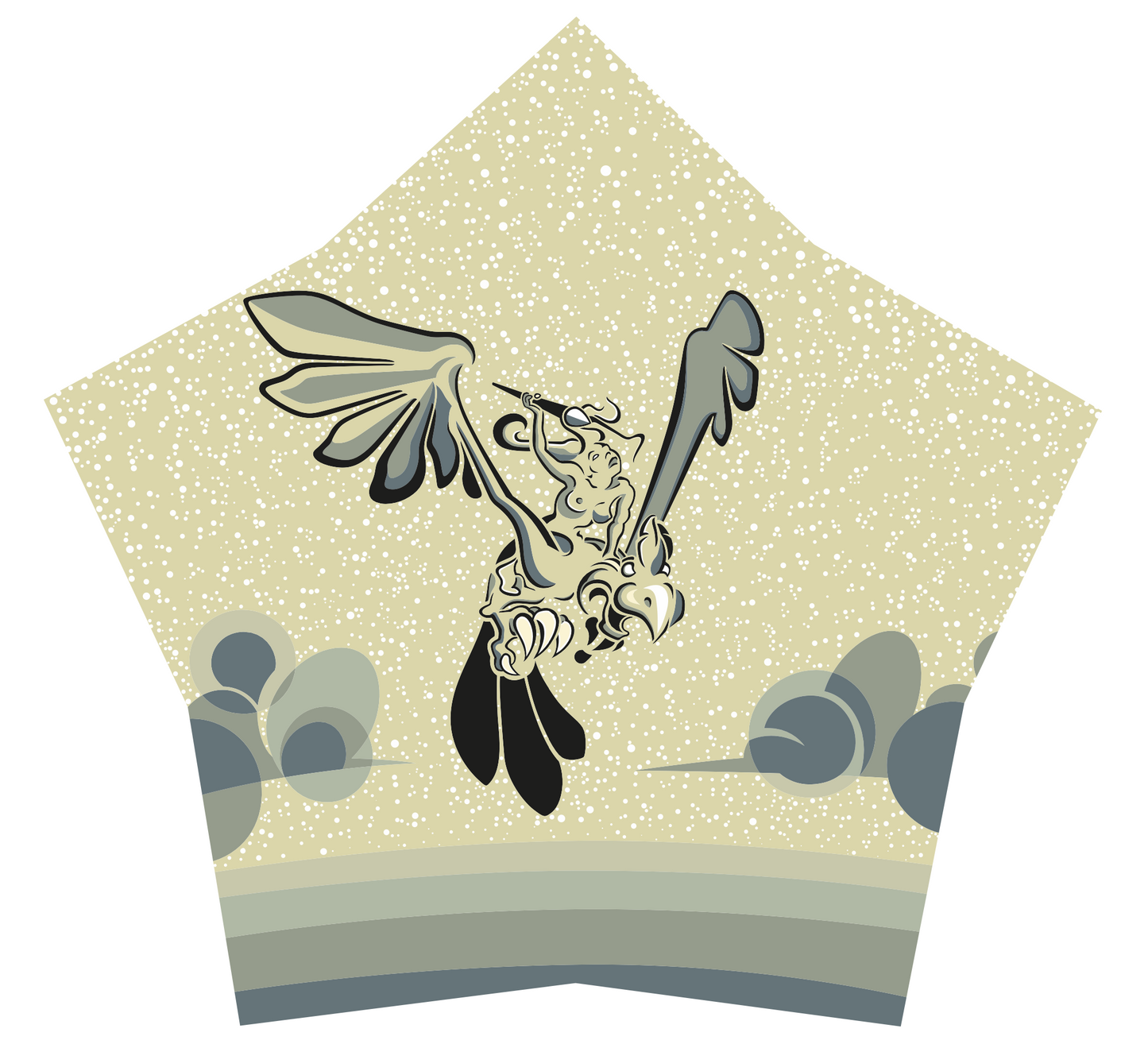Abner Harris - Bird on a Bird - A unique pentagonal vinyl sticker featuring a surrealist fantasy scene. A female figure with a flute-like instrument sits atop a large, predatory bird in flight. The illustration is set against a starlit, speckled sky and abstract horizon lines in a palette of cream, grey, and charcoal. Available as a high-quality collectible decal.
