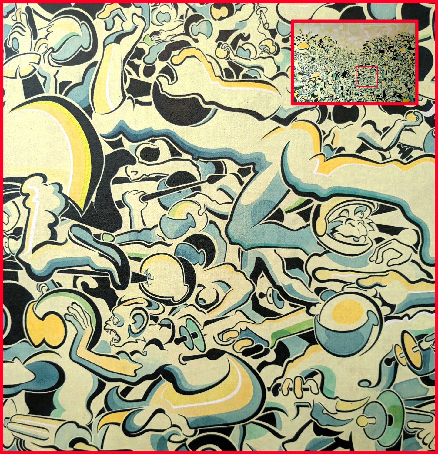 A detailed view of the lower-right foreground. Several apes are depicted in dynamic, crouching, and reaching poses. One ape's face is shown in profile with a fierce snarl, while the interlocking limbs and bodies create a complex, rhythmic pattern across the linen surface.