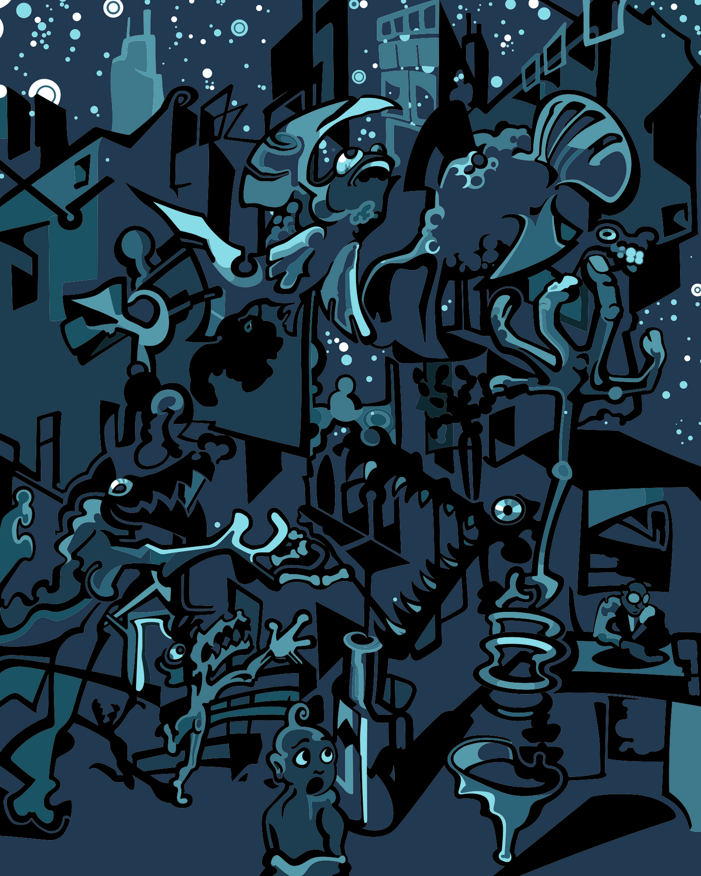 Abner Harris - Black Fish - Moody blue and black surrealist illustration featuring monstrous figures and a central fish-like creature set against a jagged urban skyline under a starry night sky.