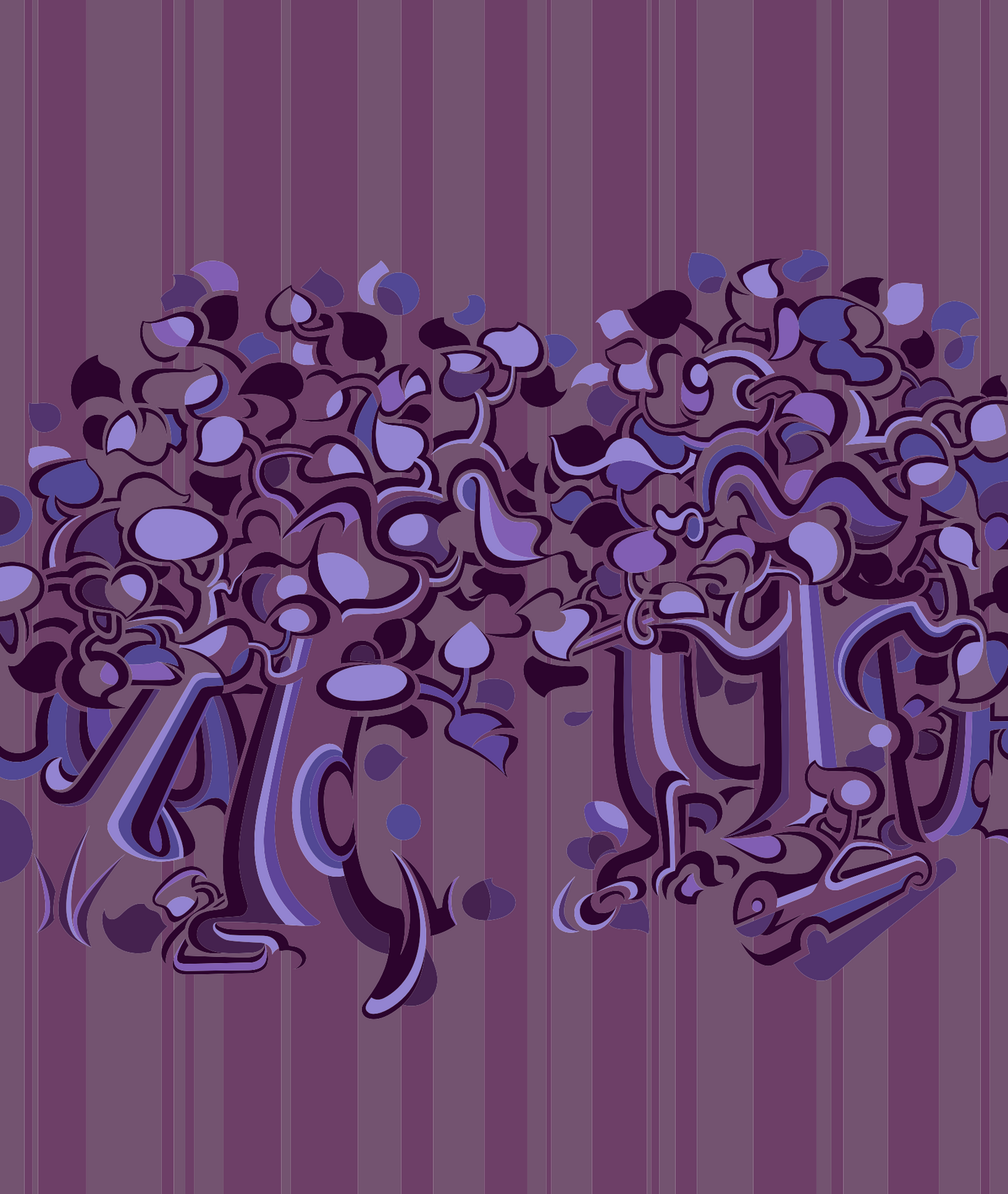 Abner Harris - Dark Trees (Mauve) - A rhythmic, horizontal arrangement of stylized, abstract trees and interlocking foliage. The artwork features a moody, tonal palette of mauve, plum, and lavender set against a subtle vertical pinstripe background. Available as a premium vinyl sticker or a high-gloss, sleek acrylic glass print with a modern, nocturnal aesthetic.