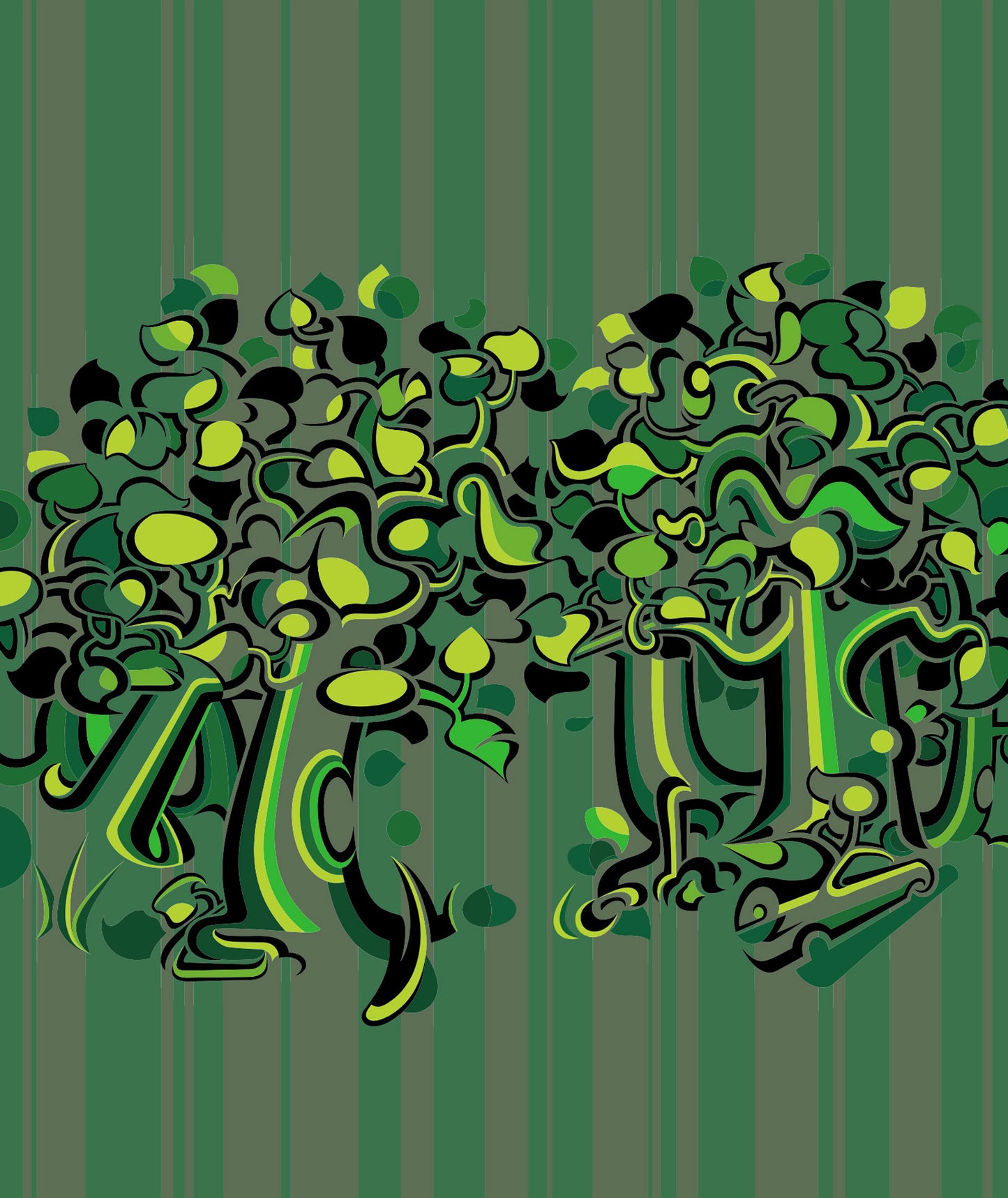 Abner Harris - Dark Trees - A rhythmic, horizontal landscape of stylized, abstract trees with dense, interlocking leaves. The design features a vibrant, high-contrast palette of forest green, lime, and deep charcoal set against a muted green pinstripe background. Available as a durable vinyl decal or a sleek, modern acrylic glass print.