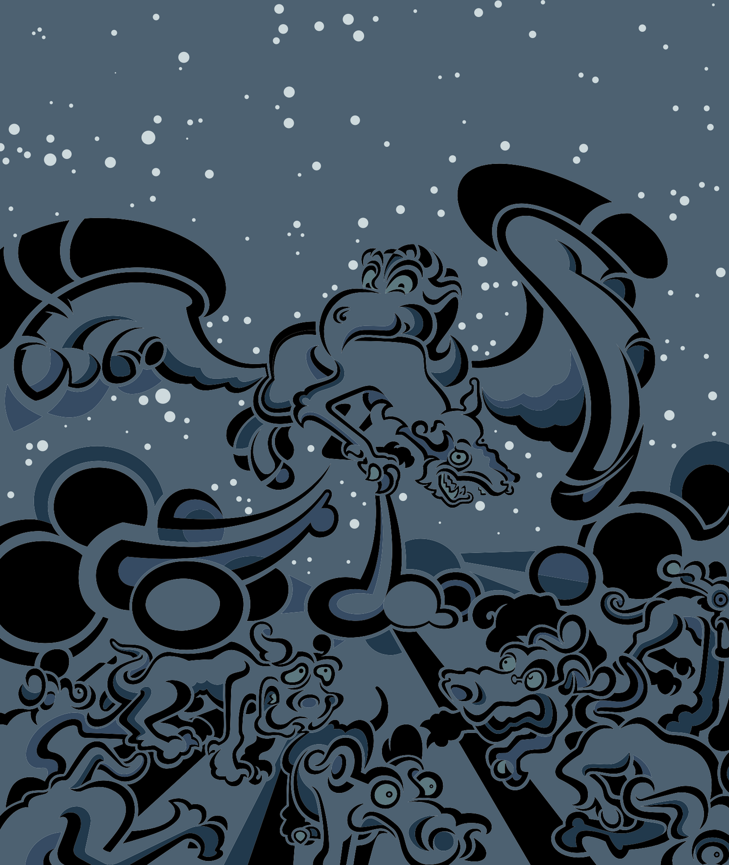 Abner Harris - Dog Bird - Bold sci-fi illustration featuring a winged dog-like hybrid soaring above a landscape of similar creatures under a starry, deep-blue night sky. Available as giclee, acrylic glass, and vinyl sticker.