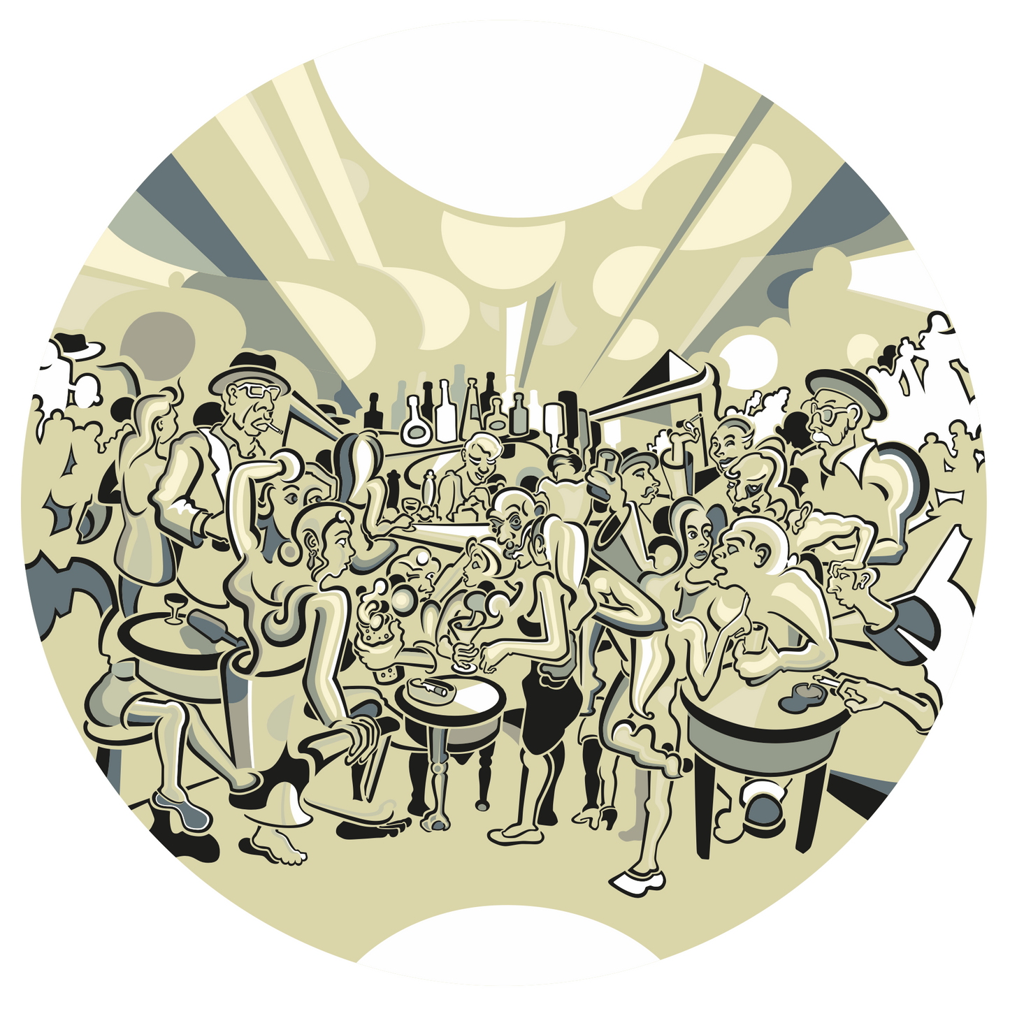 Abner Harris - Drinking - A circular vinyl sticker featuring a bustling, stylized bar scene filled with a variety of expressive characters. The illustration captures a Jazz Age energy with flowing, rhythmic lines in a sophisticated palette of cream, slate, and charcoal. Available as a high-quality collectible decal.