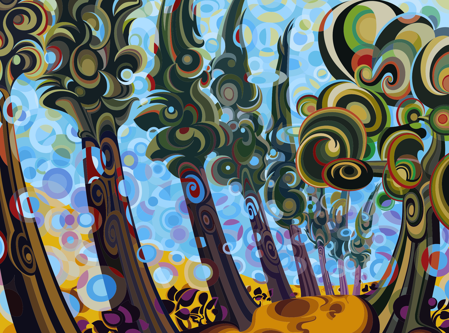 Abner Harris - Eight Against One - A vibrant, rhythmic landscape featuring a row of nine stylized trees with swirling, corkscrew trunks and intricate, spiraling foliage. The composition is set against a dynamic background of multi-colored bokeh circles and a brilliant blue sky, rendered in a palette of forest green, ochre, and lavender. Available as a high-definition acrylic glass print or a durable vinyl sticker.