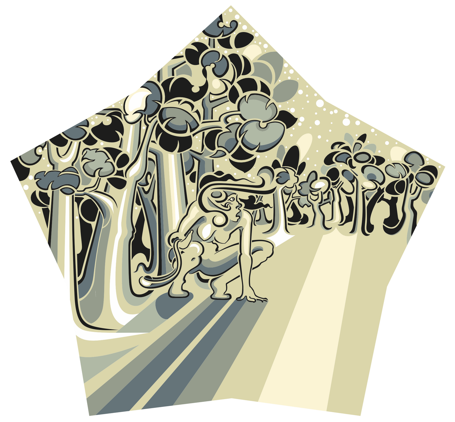 Abner Harris - Girl with a Sling - A pentagonal vinyl sticker featuring a stylized female figure in a crouched, predatory stance within a dense, graphic forest. The design uses high-contrast shadows, rhythmic tree forms, and a sophisticated palette of cream, slate, and charcoal. Available as a high-quality collectible decal.
