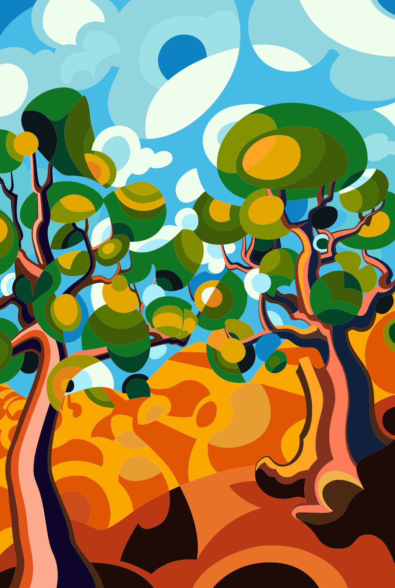 Abner Harris - Gold Trees - A vibrant, geometric landscape featuring stylized trees with golden-yellow and forest-green foliage. The composition uses bold, curved planes of color to depict a rolling amber hillside under a bright blue, circular-patterned sky. Available as a high-definition acrylic glass print or a durable vinyl sticker.
