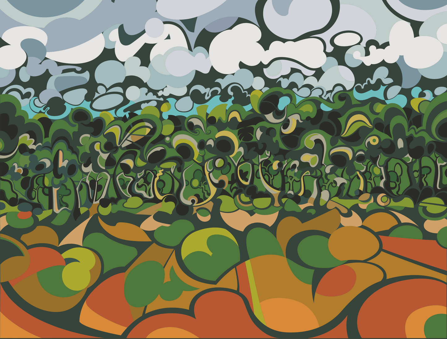 Abner Harris - Green Tree Stripe - A lush, panoramic landscape featuring a dense horizon of stylized, swirling green trees. The foreground is composed of organic, rolling shapes in ochre, terracotta, and olive, while the sky is filled with a rhythmic pattern of grey and white clouds. Available as a vibrant vinyl decal or a sleek, modern acrylic glass print.