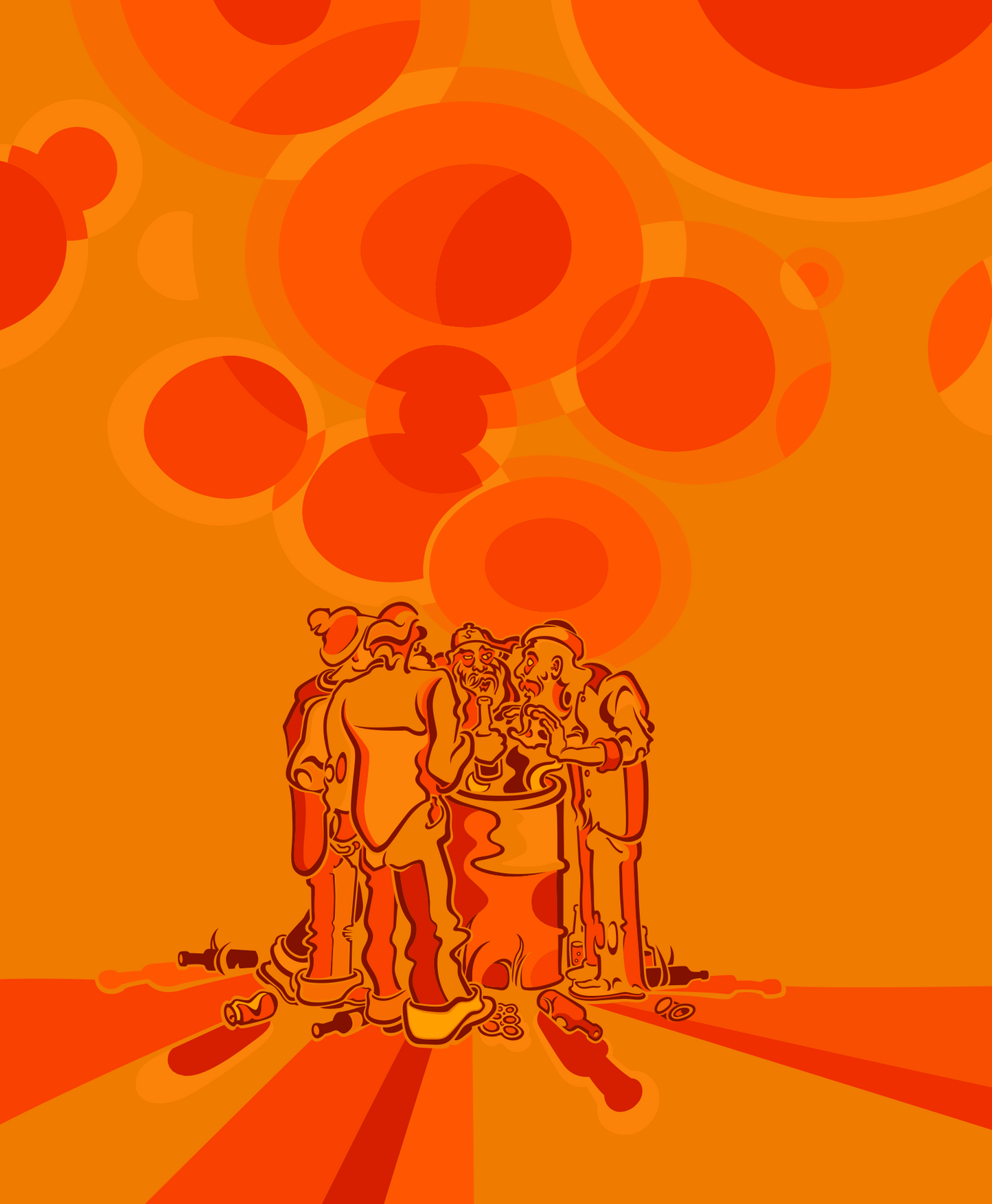 Abner Harris - Hobos (RedRed) - Monochromatic red and crimson illustration of figures by a fire with a geometric bokeh background.