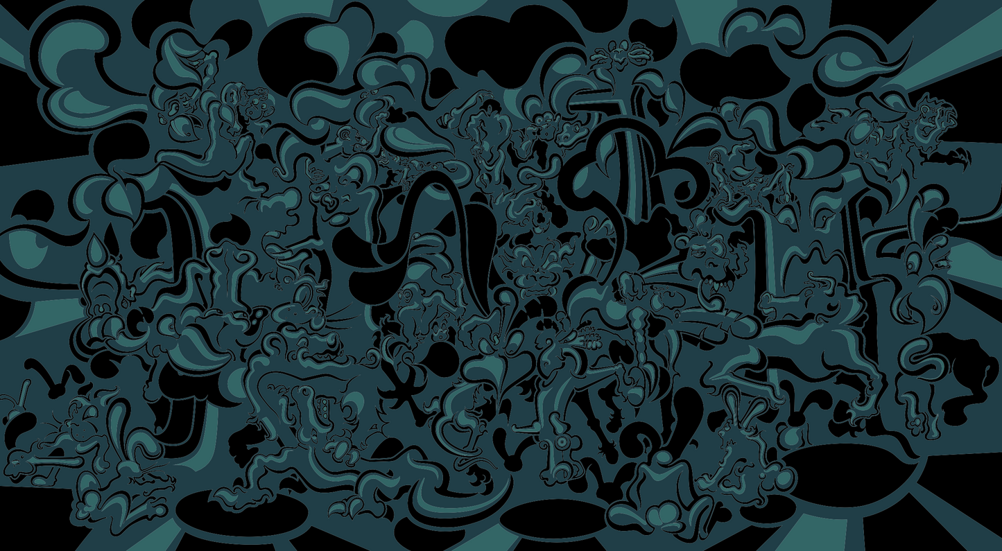 Abner Harris - Hungry Jungle (Dark) - A dense, sprawling monochromatic illustration of interlocking predatory creatures and organic jungle shapes. The artwork uses a moody, high-contrast palette of teal, slate, and deep charcoal with rhythmic line work. Available as a premium vinyl sticker or a sleek, high-definition acrylic glass print with a dark surrealist edge.