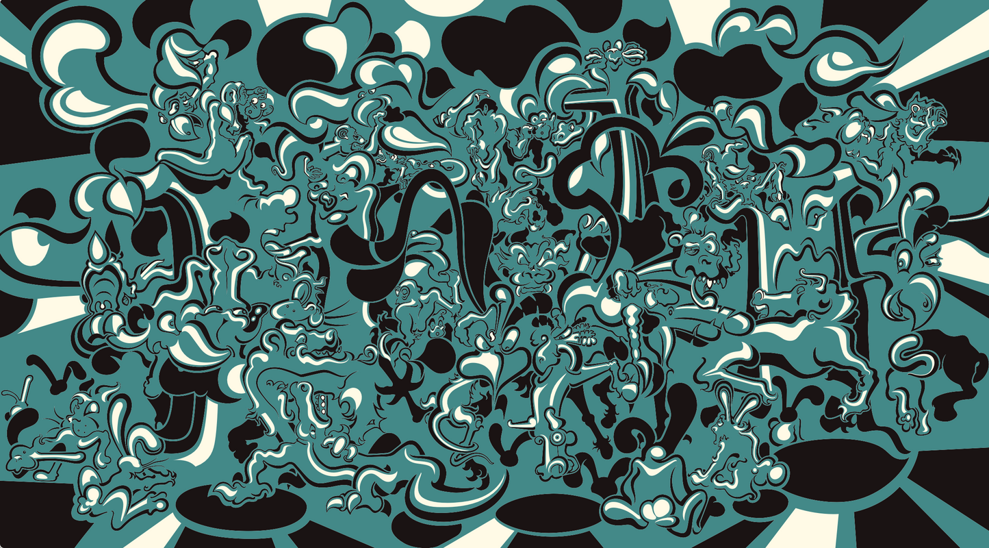 Abner Harris - Hungry Jungle - A complex, monochromatic teal and black pop surrealist illustration featuring a dense, chaotic "jungle" of interlocking biomorphic creatures and organic shapes. Available as giclee, acrylic glass, and vinyl sticker.