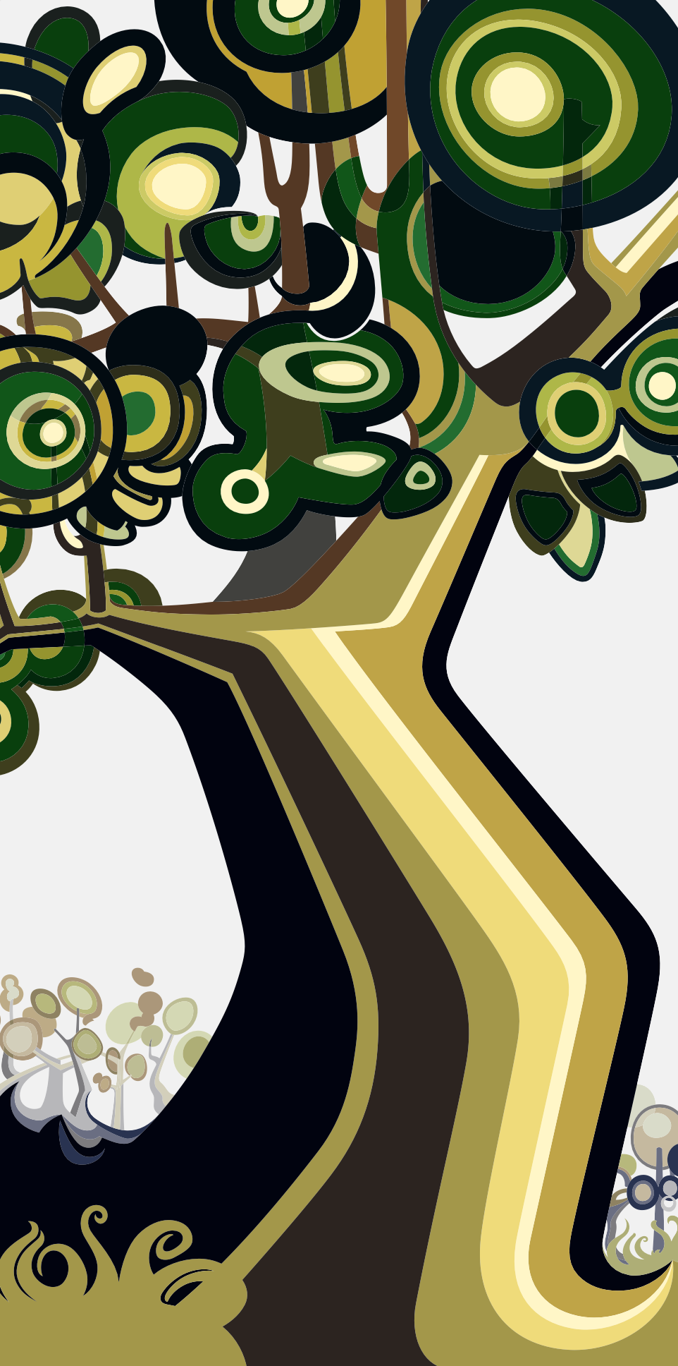 Abner Harris - Kink Tree - A stylized, graphic illustration of a singular tree with a bold, angular trunk and foliage rendered in rhythmic, concentric circles. The artwork features a sophisticated palette of forest green, ochre, and deep charcoal against a clean white background. Available as a high-definition acrylic glass print or a premium vinyl sticker.