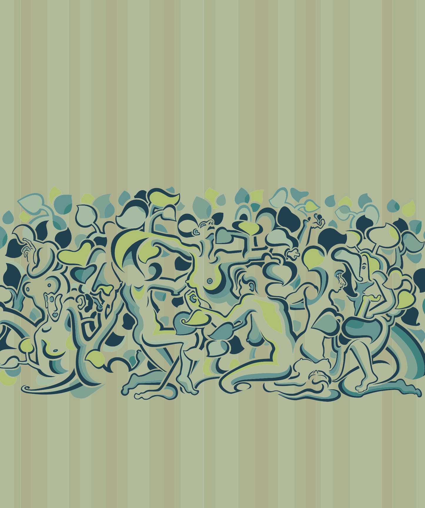 Abner Harris - Lady Stripe - A stylized horizontal frieze of interlocking female figures and organic botanical shapes. The design features a rhythmic composition of teal, sage, and lime green tones set against a muted pinstripe background. Available as a vibrant vinyl sticker or a sleek, high-definition acrylic glass print.