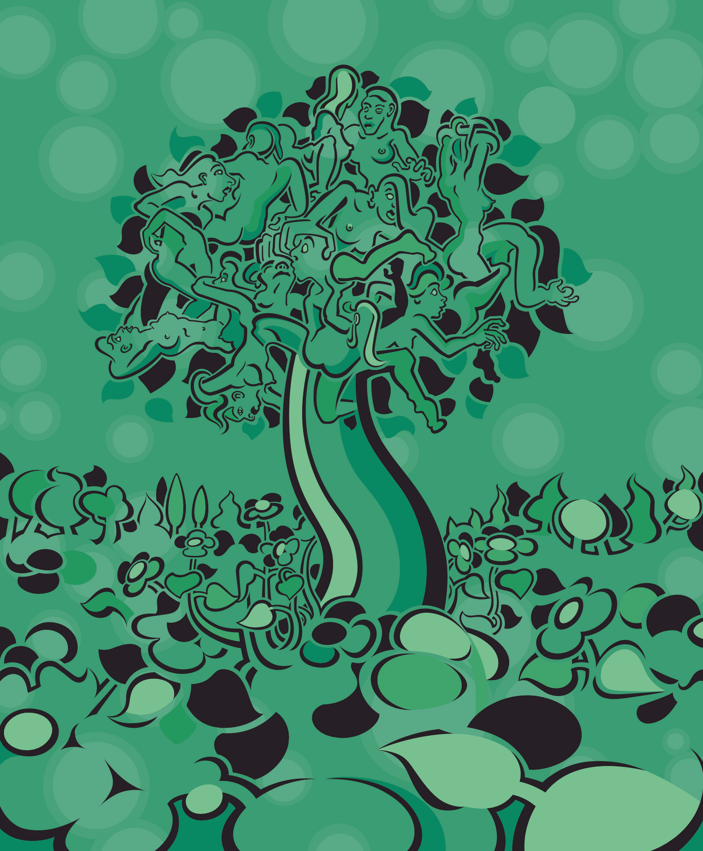 Abner Harris - Lady Tree - A complex, stylized illustration of a central tree where the foliage is composed of numerous intertwined female figures. The artwork features a monochromatic green palette ranging from deep forest tones to bright mint, set against a background of rhythmic bokeh circles and an abstract floral foreground. Available as a high-definition acrylic glass print or a durable vinyl sticker.