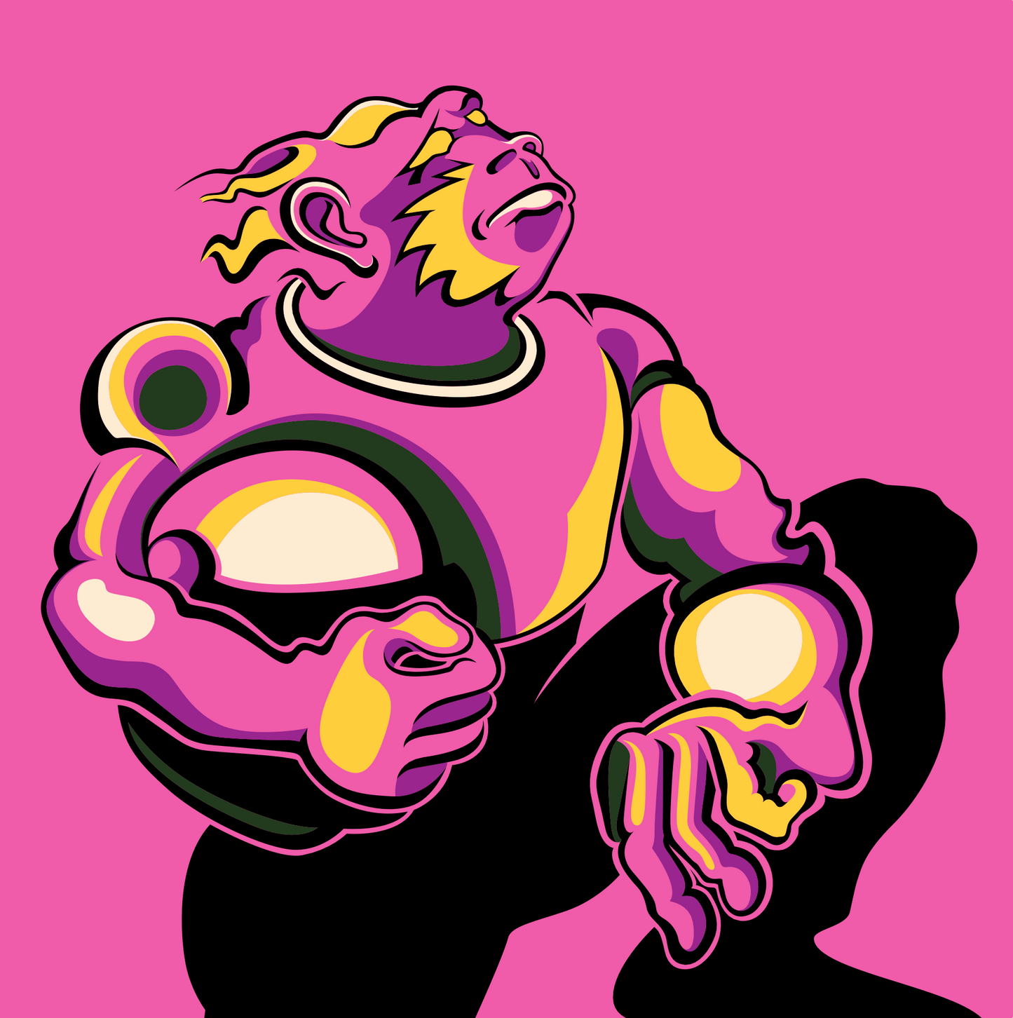 Abner Harris - Noble Ape - A cosmic, sci-fi inspired illustration of a stylized purple and yellow ape figure looking toward the stars, set against a vibrant pink background. Available as a giclee print, acrylic glass art, and vinyl sticker.