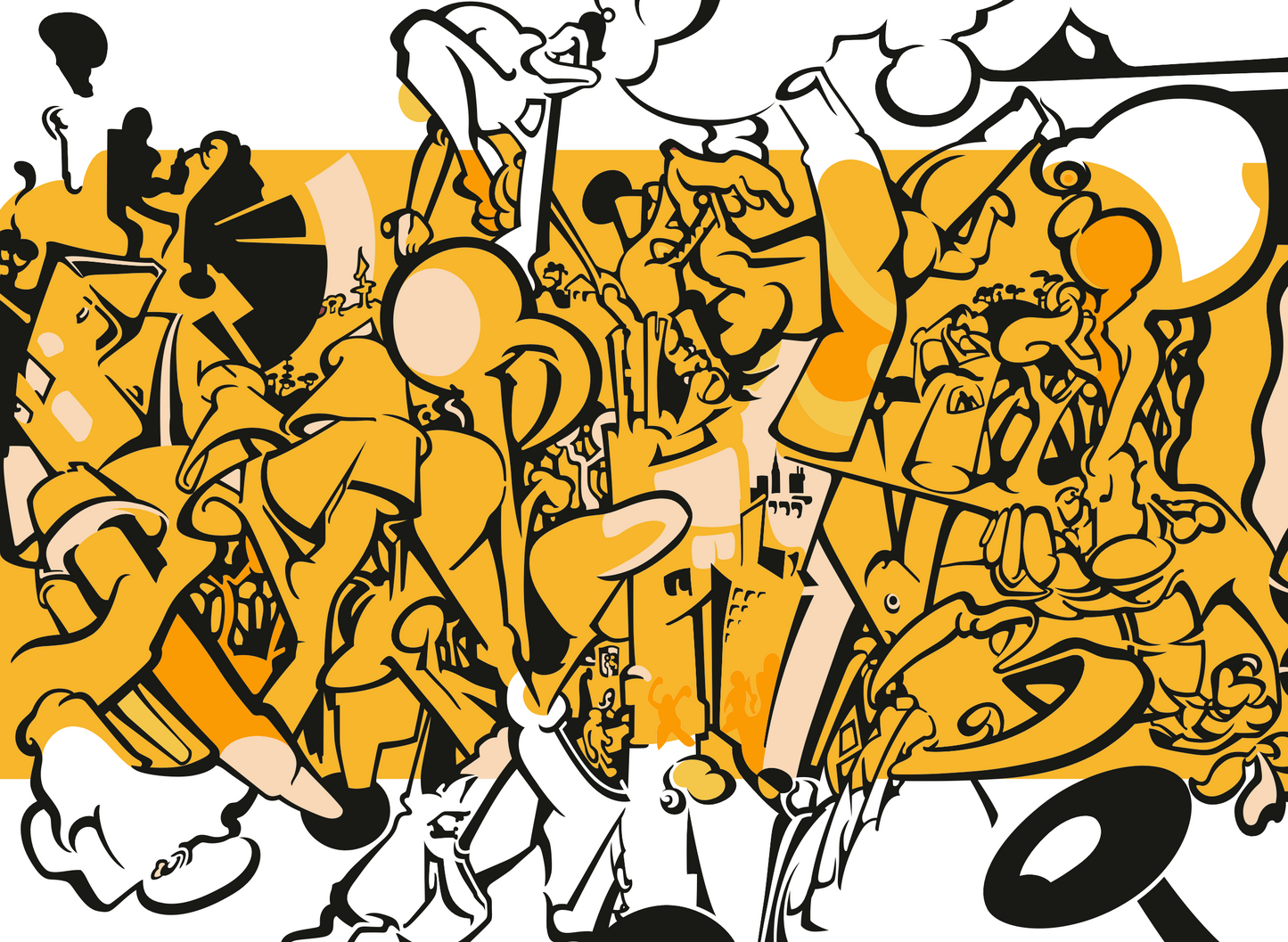 Abner Harris - Orange Stripe - A dense, rhythmic collage of stylized figures and abstract shapes featuring bold black outlines and a vibrant honey-orange and cream palette. The composition is grounded by a horizontal orange band, creating a dynamic, street-art inspired narrative. Available as a high-definition acrylic glass print or a durable, premium vinyl sticker.