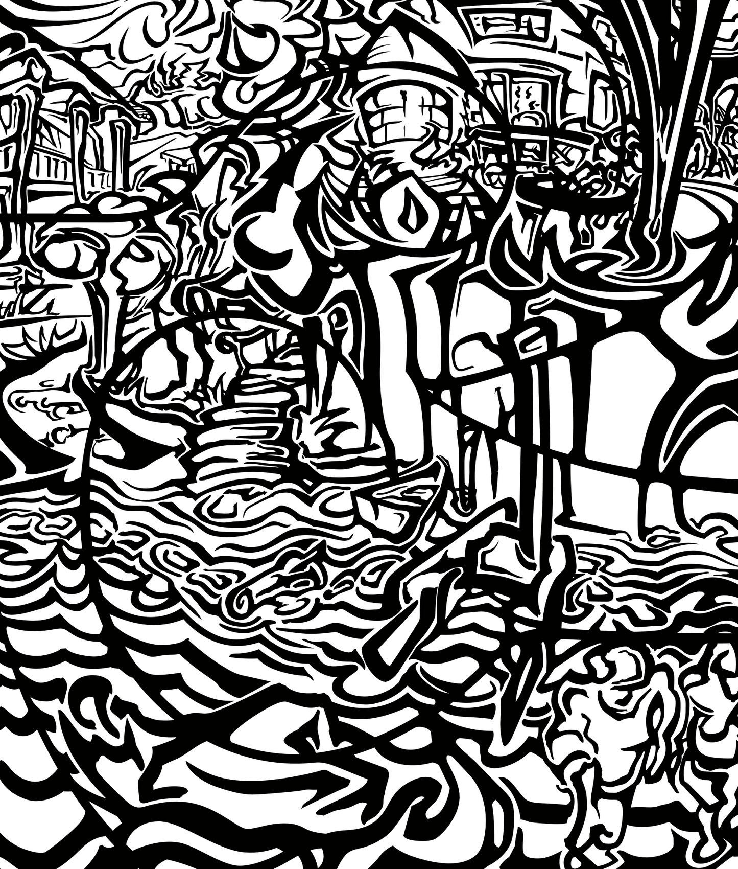 Abner Harris - Plummy's House - A bold, monochromatic black and white illustration of a stylized house and landscape. The composition is built from dense, rhythmic, and swirling linework that creates a fractured, energetic scene. Available as a high-definition acrylic glass print or a durable, premium vinyl sticker with a modern graphic noir aesthetic.