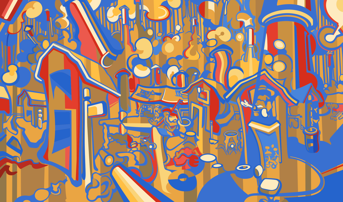Abner Harris - Rocket Barns - A vibrant, maximalist illustration blending rural Americana with sci-fi elements. The composition features stylized barns and rocket-like structures amidst a flurry of organic shapes and pinstriped backgrounds. Rendered in a bold primary palette of sky blue, bright red, and golden ochre. Available as a high-definition acrylic glass print or a durable vinyl sticker.