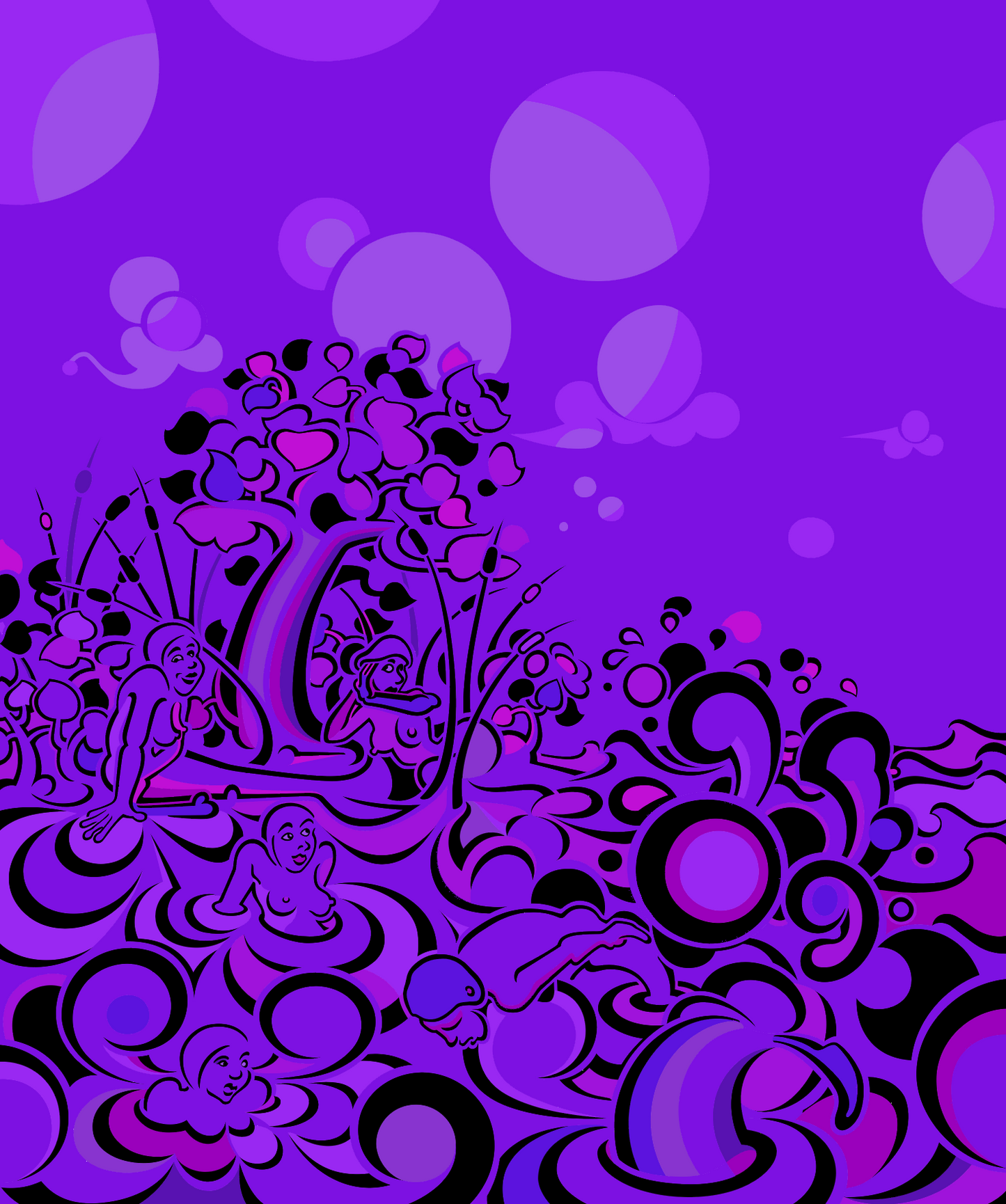 Yellow Mermaids (Violet) - Vector Print