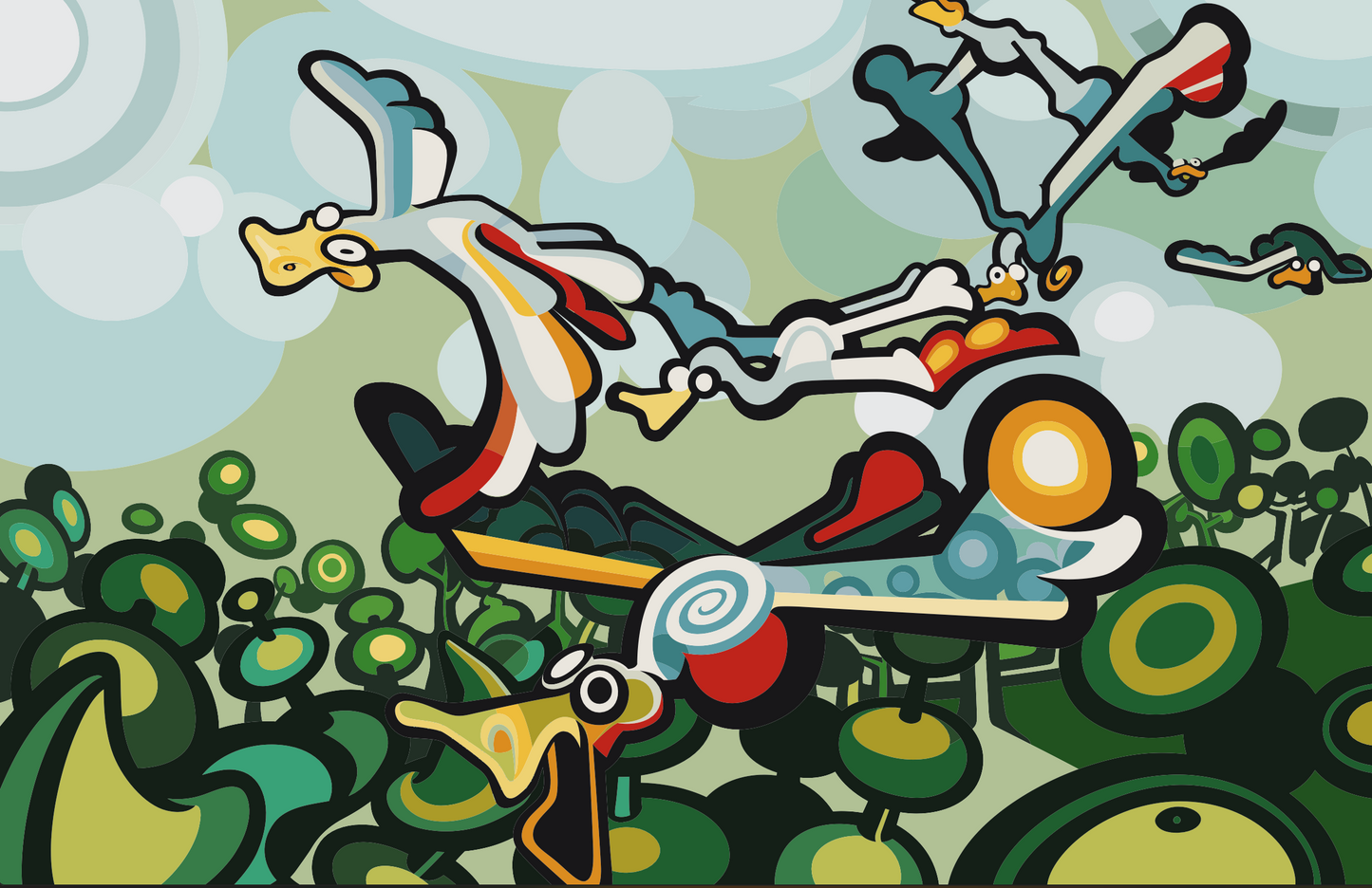 Abner Harris - Tree Birds - A dynamic, stylized illustration of whimsical, multi-colored birds soaring over a forest of geometric, circular trees. The artwork features a vibrant palette of forest green, sky blue, and bright orange with bold black outlines and a soft bokeh background. Available as a high-definition acrylic glass print or a durable, premium vinyl sticker.
