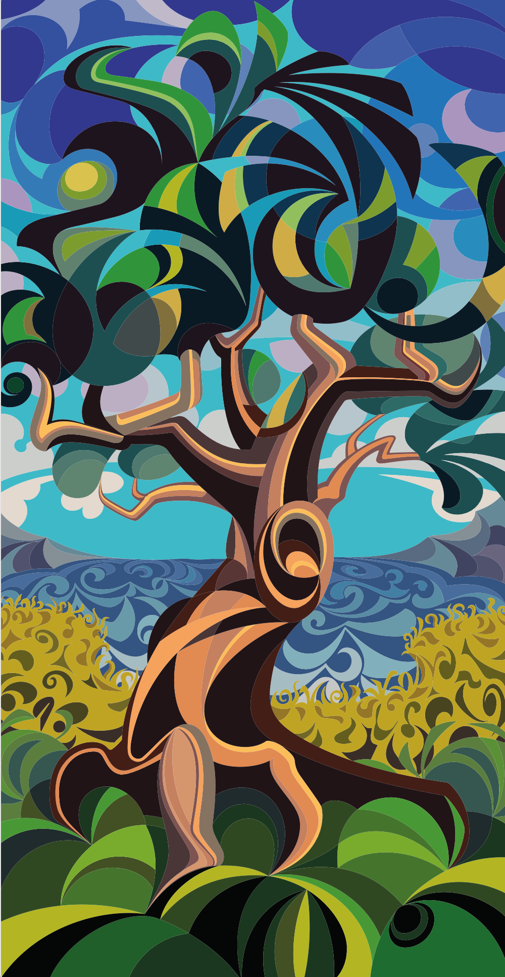 Abner Harris - Tree Claw - A dynamic, post-impressionist landscape featuring a central tree with a twisting, claw-like trunk. The composition is built from bold, fractured geometric shapes in a vibrant palette of emerald green, azure blue, ochre, and deep plum. Available as a high-definition acrylic glass print or a durable, artistic vinyl sticker.