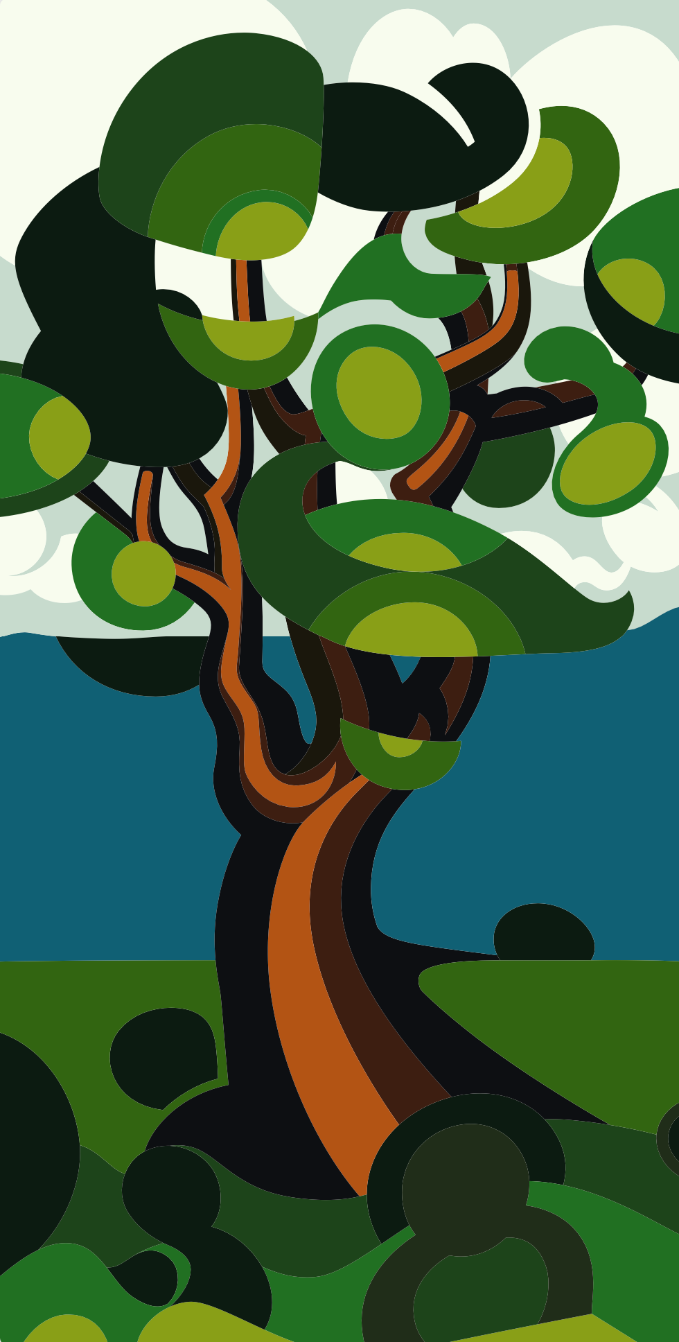 Abner Harris - Tree by the Sea - A vibrant modern folk art landscape featuring a large, stylized tree with a multi-toned orange trunk and circular green foliage. The scene overlooks a deep teal sea under a cloud-filled sky, rendered in a bold, graphic style. Available as giclee, acrylic glass, and vinyl sticker.