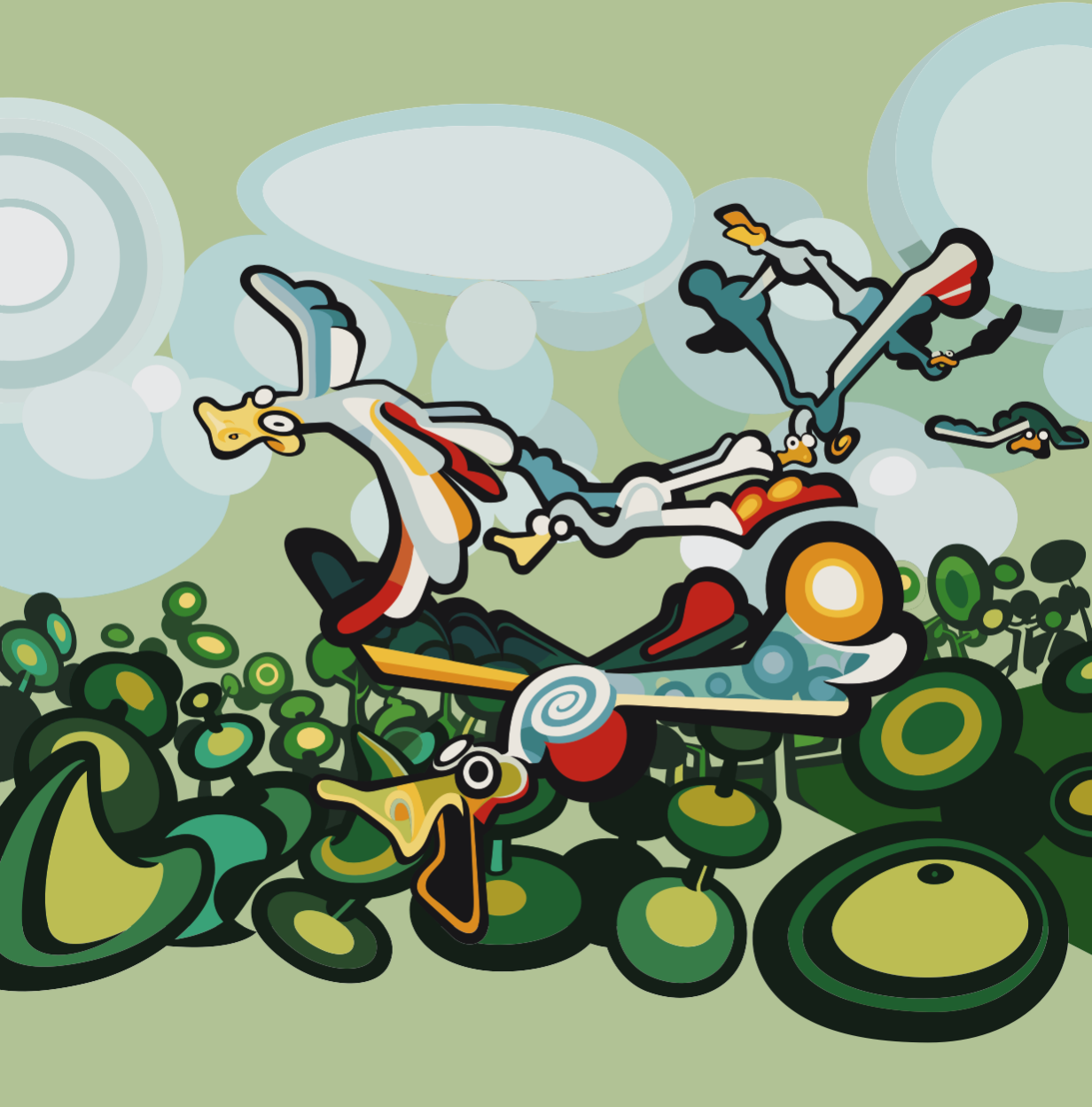 A vectored painting depicting "Tree Birds" soaring over a dense, stylized forest. The trees are represented by overlapping green and yellow circles with dark outlines. Above them, several white and blue birds with yellow beaks and red accents fly through a pale green sky filled with soft, circular clouds, capturing a sense of movement and graphic depth.