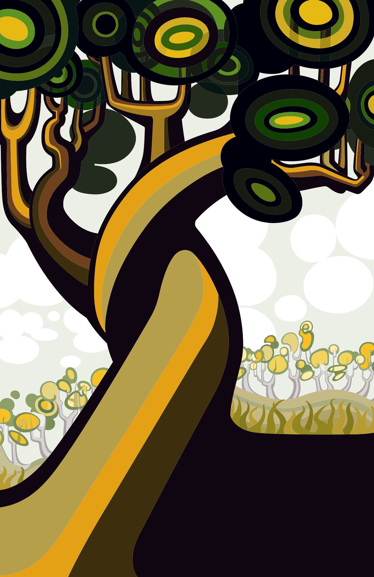 Abner Harris - Twist Tree - A bold, graphic illustration of a singular tree with a thick, twisting trunk rendered in ochre and deep charcoal. The foliage consists of stylized, rhythmic concentric circles in shades of forest green and mustard yellow. Available as a high-definition acrylic glass print or a premium vinyl sticker with a clean, modern aesthetic.