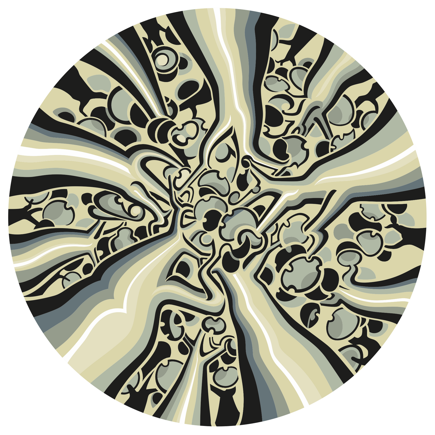 Abner Harris - Up Trees - A circular vinyl sticker featuring a hypnotic, radial pop surrealist design. Stylized tree trunks and ginkgo-like leaves spiral inward in a muted palette of cream, grey, and black. Available as a high-quality collectible decal.