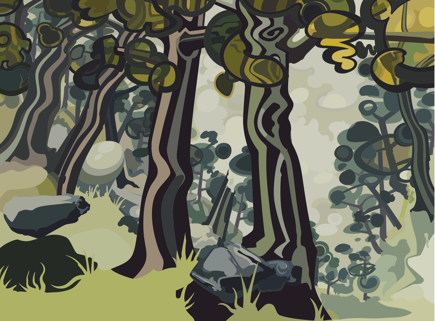 Abner Harris - V-Trees - A rhythmic, stylized forest landscape featuring tall, vertical tree trunks with organic, swirling patterns. The composition uses a sophisticated, muted palette of olive green, slate grey, and deep charcoal, depicting a rocky woodland floor. Available as a high-definition acrylic glass print or a durable, matte-finish vinyl sticker.