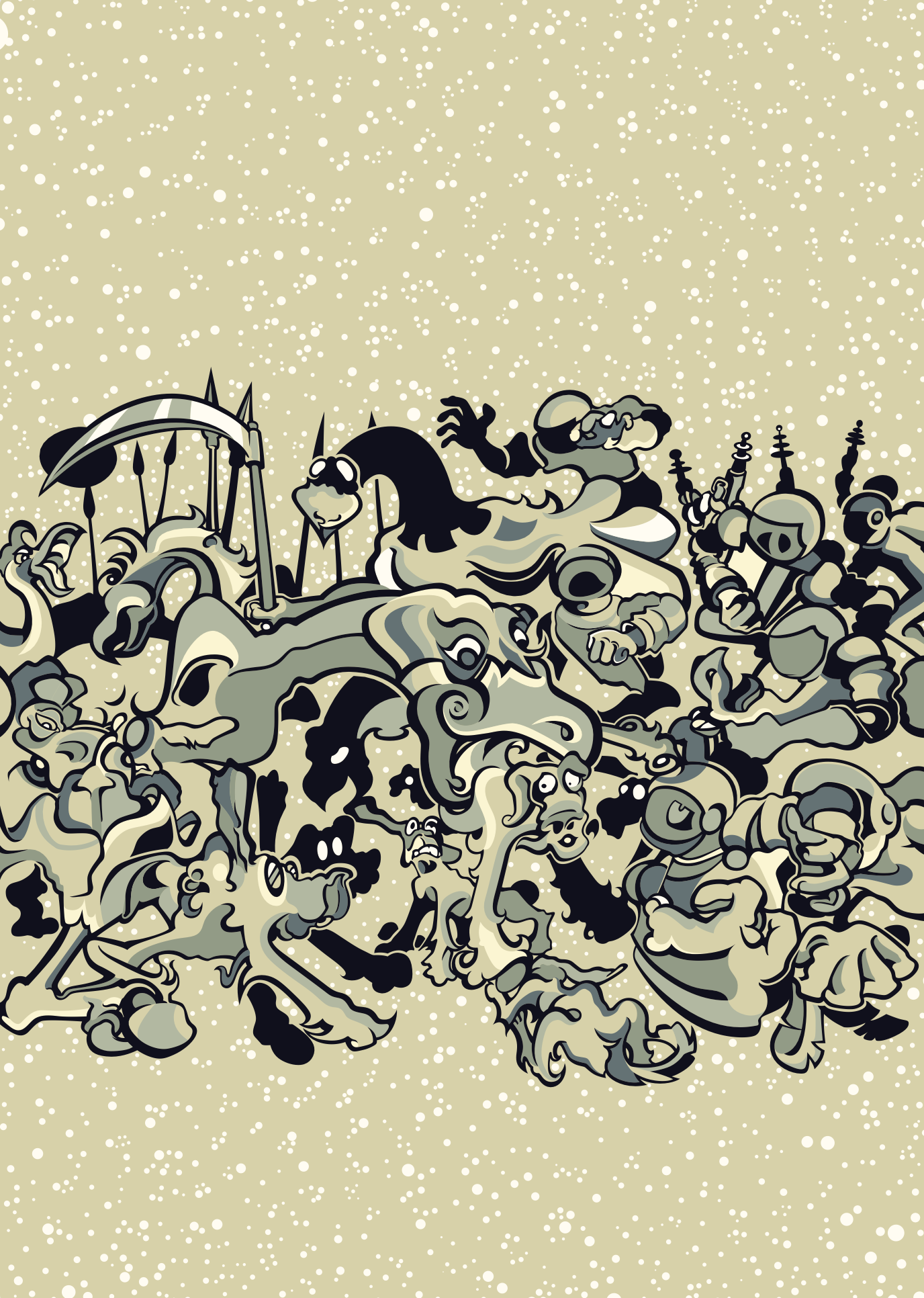 Abner Harris - War (Khaki) - A high-contrast, rhythmic illustration of a chaotic surrealist battle. The composition features stylized figures with scythes and ray guns in shades of cream, khaki, and charcoal black against a stippled, neutral background. Available as a sleek acrylic glass print or a durable vinyl sticker.