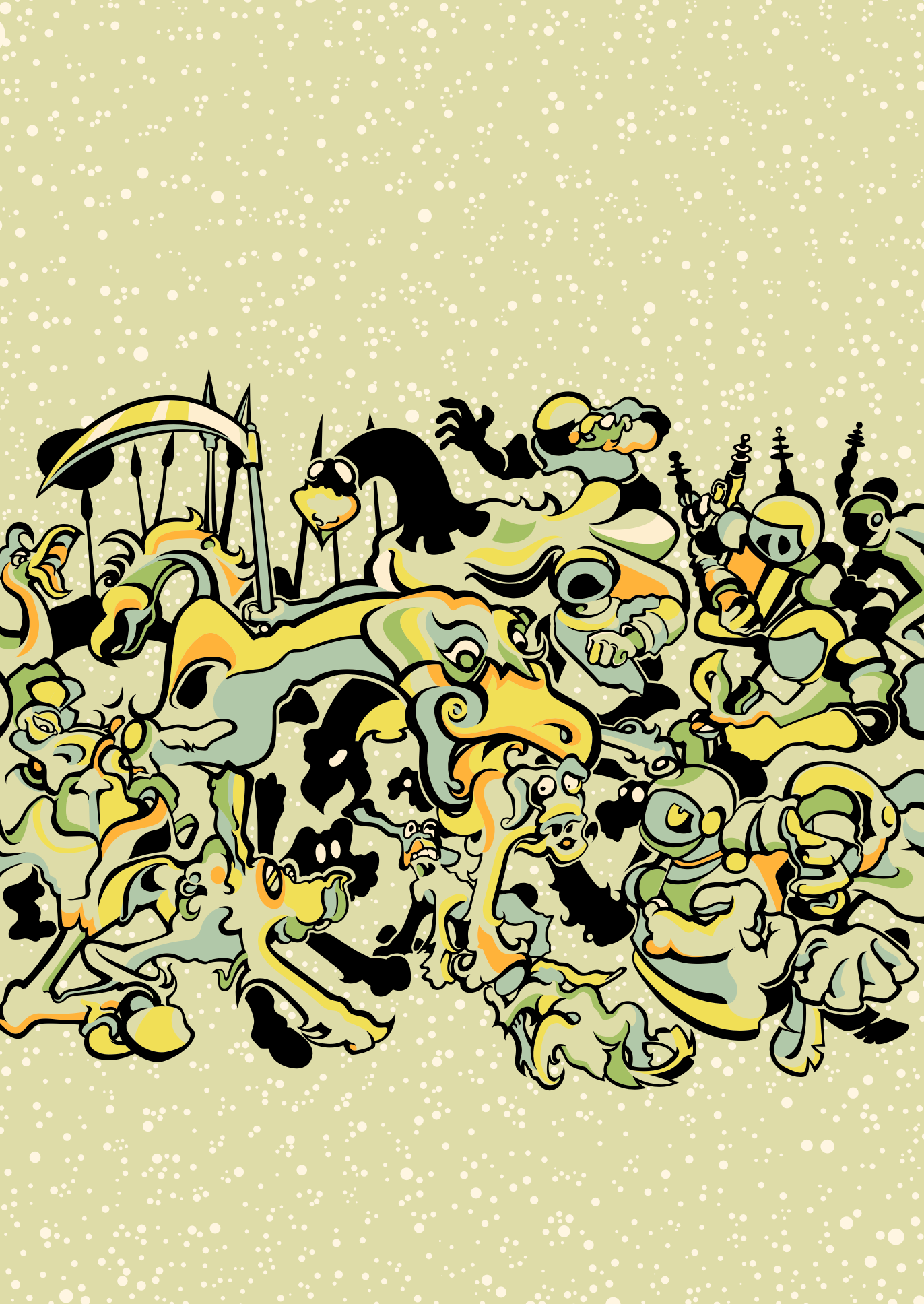 Abner Harris - War - A chaotic and surreal battle scene featuring stylized figures, scythes, and ray guns in a rhythmic, horizontal composition. The artwork utilizes a bold palette of ochre, sage, and deep charcoal against a cosmic, speckled background. Available as a durable vinyl sticker or a sleek acrylic glass print.
