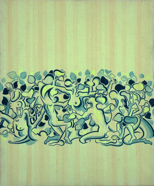A vertical acrylic painting on linen titled "Lady Stripe," featuring a horizontal band of stylized, interconnected female figures and organic leaf shapes across the lower half of the canvas. The figures are rendered in a cool palette of pale mint, teal, and dark blue with bold, fluid outlines. The background consists of a cream-colored field with subtle, vertical peach-colored stripes that extend across the entire composition. The natural, woven texture of the linen panel is clearly visible, adding a tactil