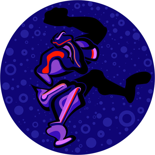 Abner Harris - Angry Ape (Navy) - Circular vinyl sticker featuring a stylized ape figure in deep navy, purple, and vibrant red accents against a dark blue bokeh bubble background.