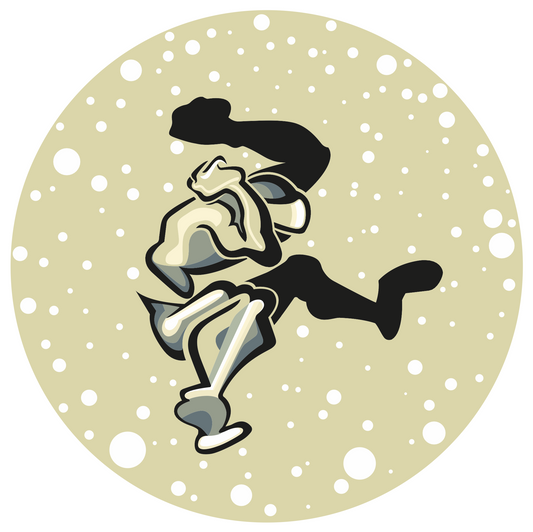 Abner Harris - Angry Ape - A circular vinyl sticker featuring a dynamic, stylized ape in an aggressive action pose. The figure is rendered with bold, sweeping outlines and high-contrast shadows against a speckled, starlit beige background. This high-quality collectible decal captures a sense of raw energy in a modern noir aesthetic.