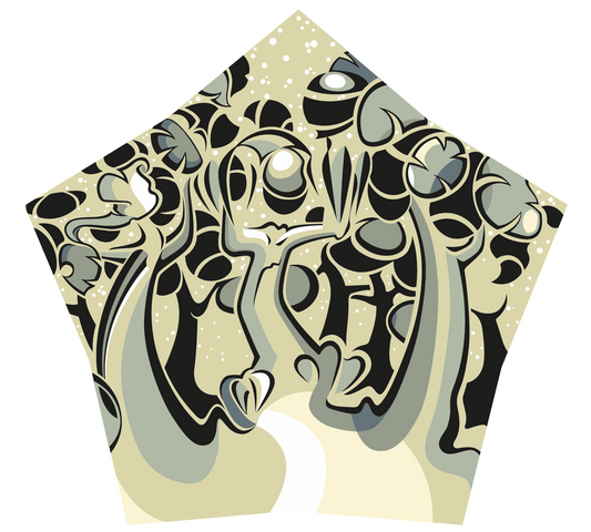 Abner Harris - Angry Tree - A unique pentagonal vinyl sticker featuring a stylized, anthropomorphic tree with an expressive, frowning face. The design uses rhythmic, flowing lines and high-contrast shadows in a palette of cream, slate grey, and charcoal. Available as a high-quality collectible decal for nature and surrealism fans.