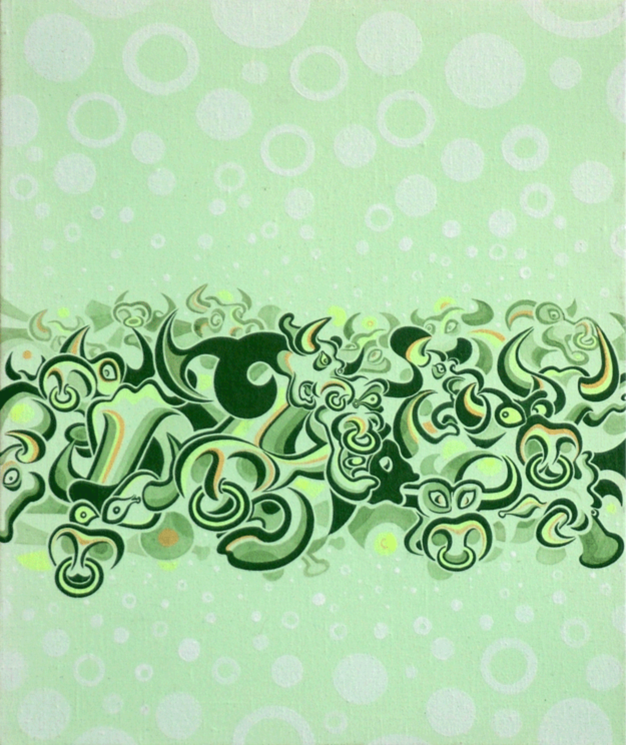 Abner Harris - Beef Stripe - An original acrylic painting on canvas featuring a dense, horizontal band of stylized bovine faces and abstract horns. The composition uses rhythmic, interlocking shapes in a monochromatic green palette, set against a pale mint background with subtle circular motifs.
