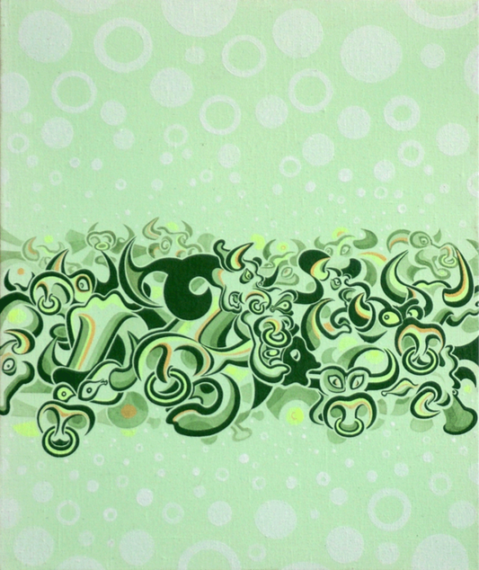 Abner Harris - Beef Stripe - An original acrylic painting on canvas featuring a dense, horizontal band of stylized bovine faces and abstract horns. The composition uses rhythmic, interlocking shapes in a monochromatic green palette, set against a pale mint background with subtle circular motifs.