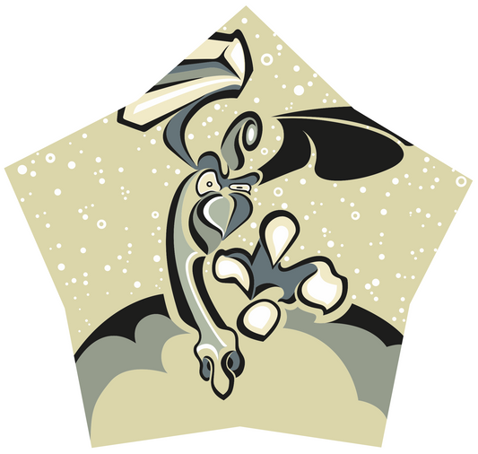 Abner Harris - Bird Attack - A unique pentagonal vinyl sticker featuring a stylized, predatory bird in a dramatic downward strike. The design highlights sharp talons and expressive eyes with bold, sweeping lines in a palette of cream, grey, and charcoal against a speckled, snowy sky. Available as a high-quality collectible decal.
