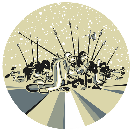 Abner Harris - Bird March - A circular vinyl sticker featuring a fantastical procession of anthropomorphic bird soldiers armed with spears and halberds. The scene is rendered in a bold, graphic style with high-contrast shadows against a speckled, starlit sky and abstract horizon lines. Available as a high-quality collectible decal.