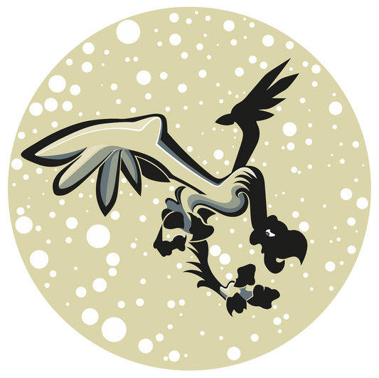 Abner Harris - Bird Swoop - A circular vinyl sticker featuring a stylized, predatory bird in mid-dive. The illustration uses bold, gestural lines and a high-contrast palette of cream and black against a speckled, snow-like beige background. Available as a high-quality collectible decal.