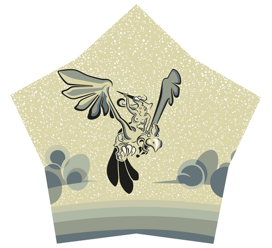 Abner Harris - Bird on a Bird - A unique pentagonal vinyl sticker featuring a surrealist fantasy scene. A female figure with a flute-like instrument sits atop a large, predatory bird in flight. The illustration is set against a starlit, speckled sky and abstract horizon lines in a palette of cream, grey, and charcoal. Available as a high-quality collectible decal.
