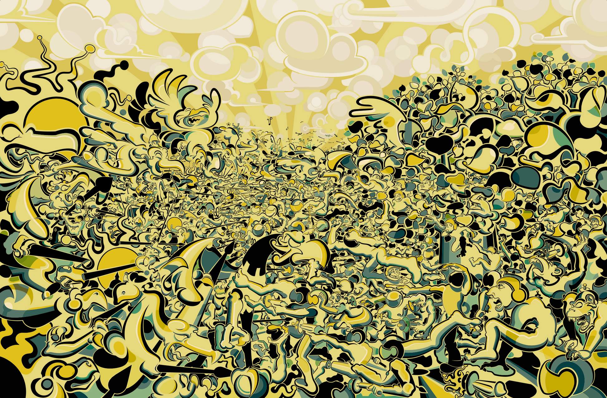 Abner Harris - Birds vs. Apes - Verbatim reference to Screenshot 2026-04-29 at 1.13.51.jpg: Massive, intricate sci-fi battle scene with thousands of stylized bird and ape figures in a dense yellow, green, and black biomorphic landscape under a pale sunburst sky. Premium designer wallpaper.