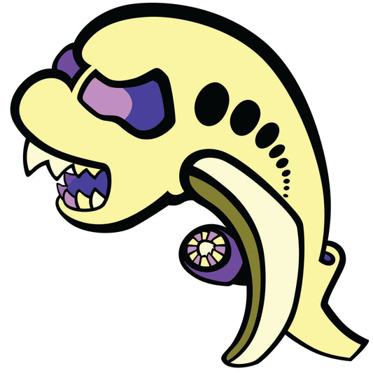Abner Harris - Bite Plane - Surrealist vinyl sticker of a cream-colored airplane with an aggressive, toothy mouth and purple windows.