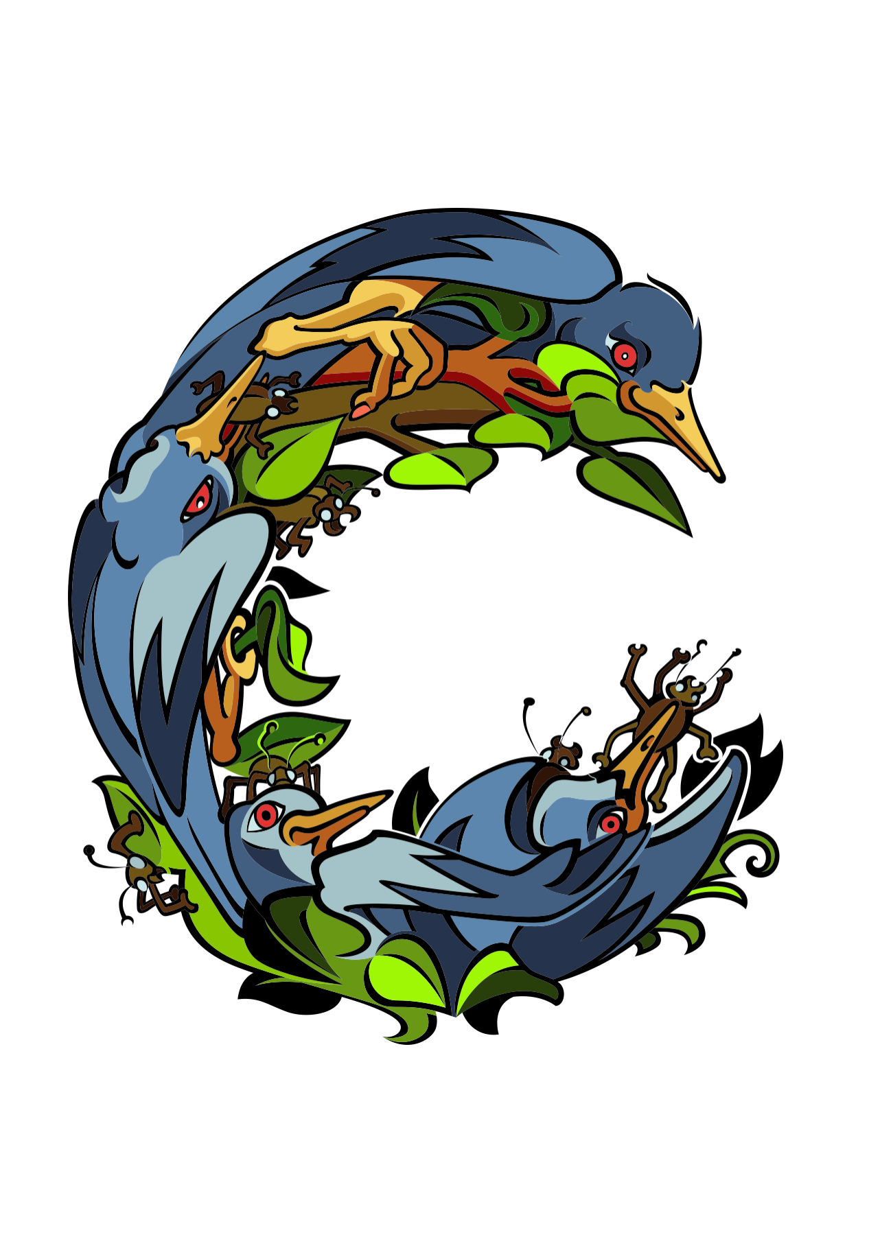 A full-page vectored illustration of the letter "C." This letter is composed of several stylized blue birds, crows, with red eyes and sharp yellow beaks. The birds are intertwined with green leaves and branches, and several small insects, cockroaches are scattered throughout the composition.