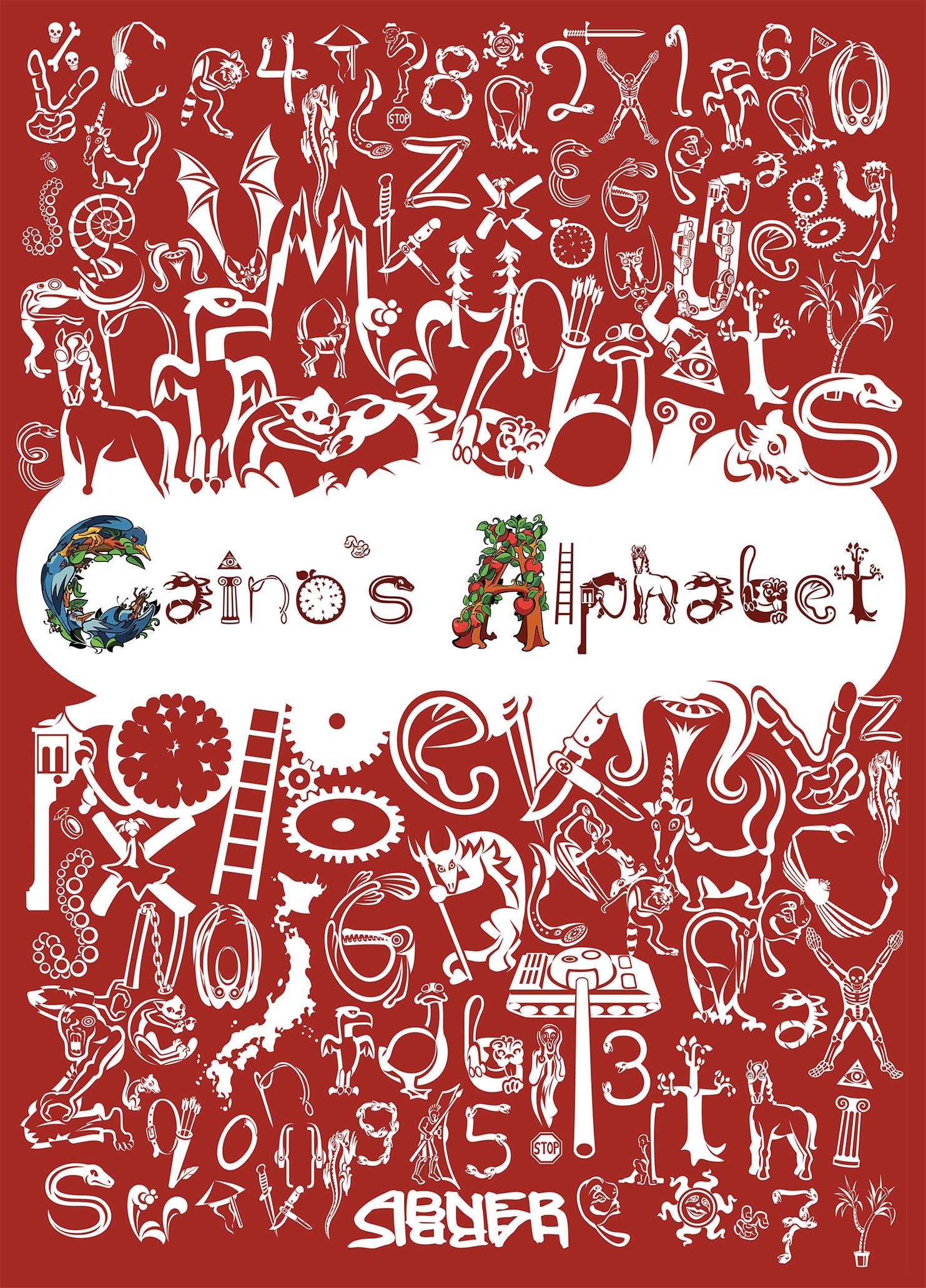 The cover of "Caino's Alphabet" by Abner Harris. The title is centrally located on a white background, with each letter containing unique illustrations, such as the colorful bird-filled "C" and the apple-tree "A." The rest of the cover is a solid red background densely packed with white silhouettes of animals, mythological creatures, weapons, and mechanical parts, creating a complex, frame-like border.