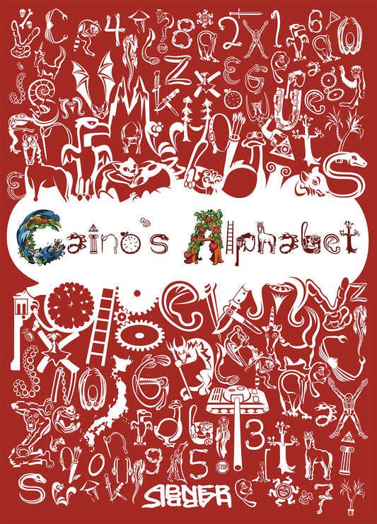 The cover of "Caino's Alphabet" by Abner Harris. The title is centrally located on a white background, with each letter containing unique illustrations, such as the colorful bird-filled "C" and the apple-tree "A." The rest of the cover is a solid red background densely packed with white silhouettes of animals, mythological creatures, weapons, and mechanical parts, creating a complex, frame-like border.